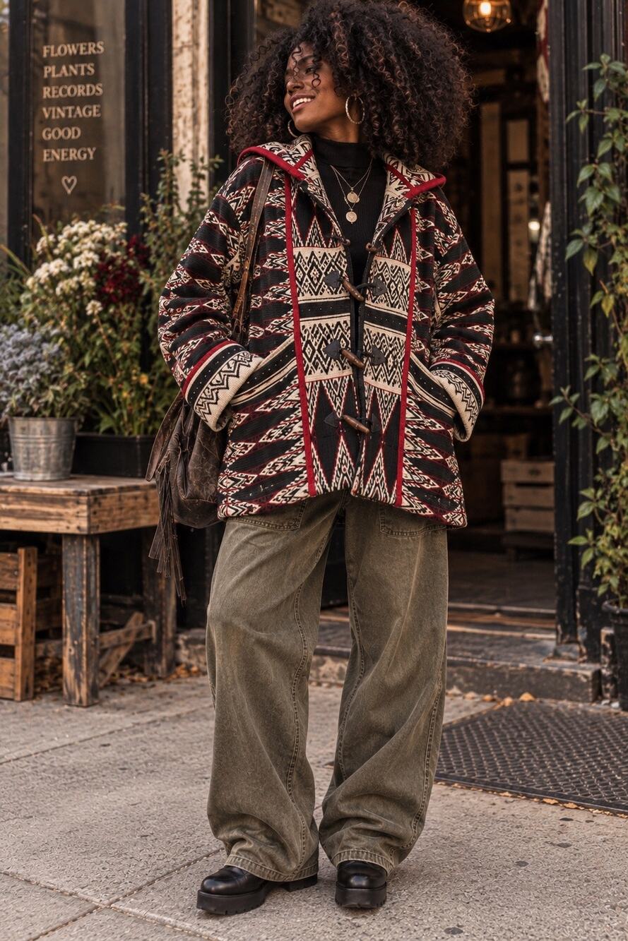 Vintage Southwestern Woven Hooded Toggle Jacket Oversized Tribal Coat M